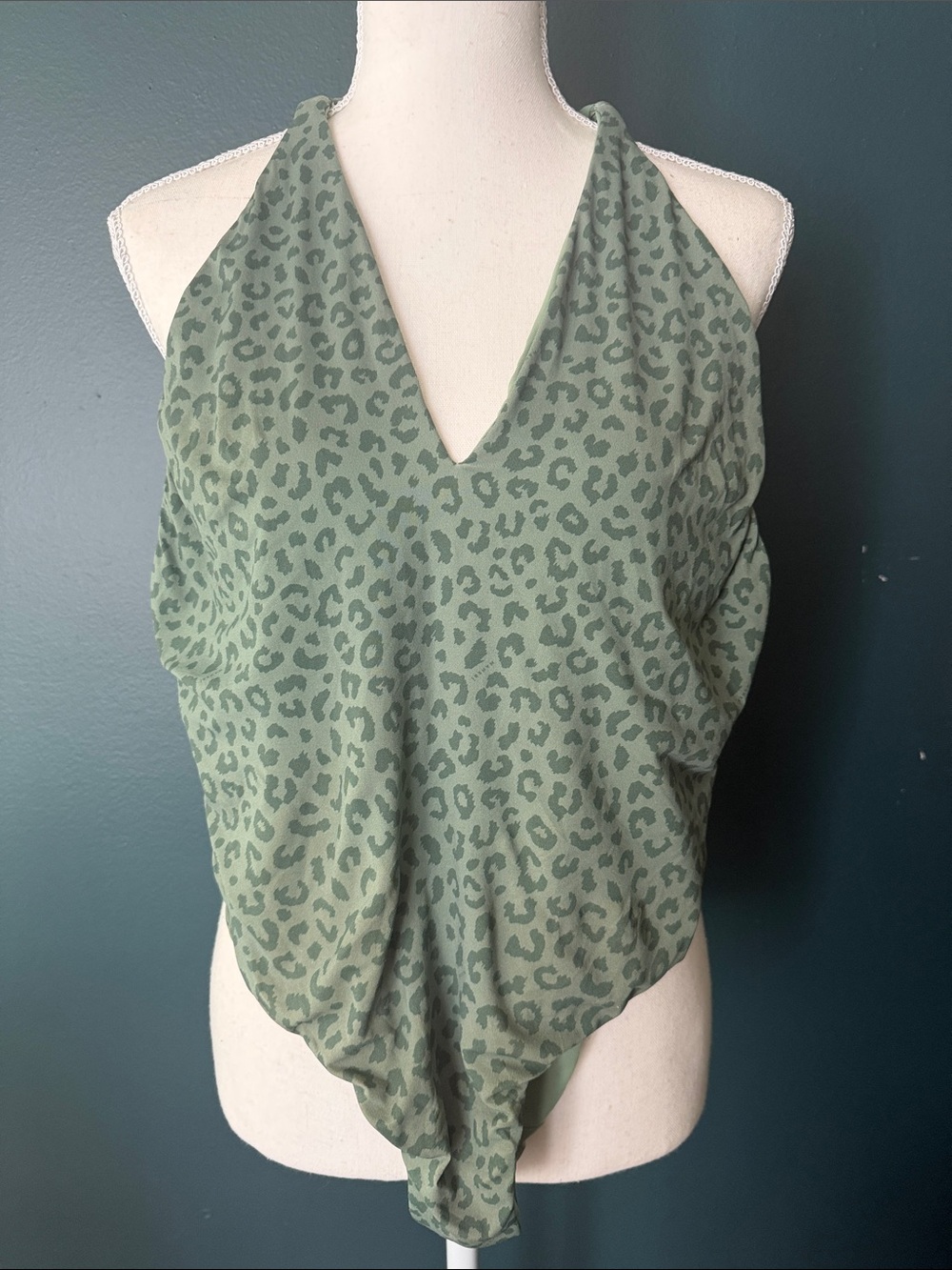 Olive Green Leopard Print Halter One-Piece Swimsuit